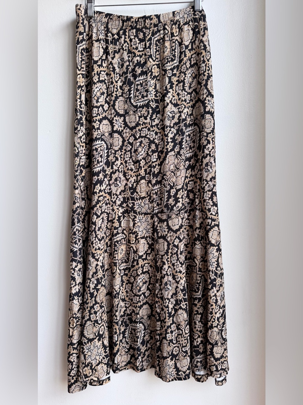 Peruvian Connection Black Beige Paisley Print Stretch A-Line Maxi Skirt - Size L